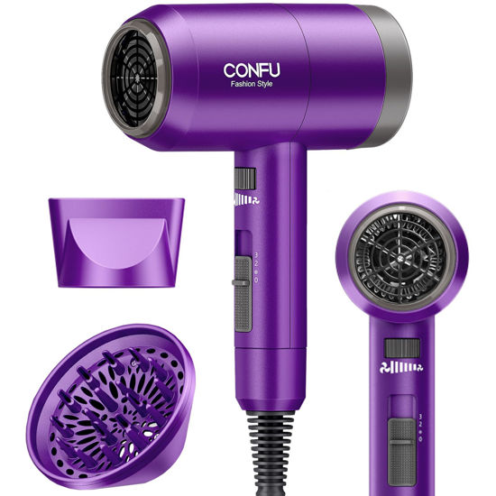 Picture of Hair Dryer with Diffuser,CONFU Ionic Blow Dryer 1600W,Portable Lightweight Fast Drying Negative Ion Hairdryer,3 Heat Settings with Diffuser and Concentrator Nozzle for Home & Travel