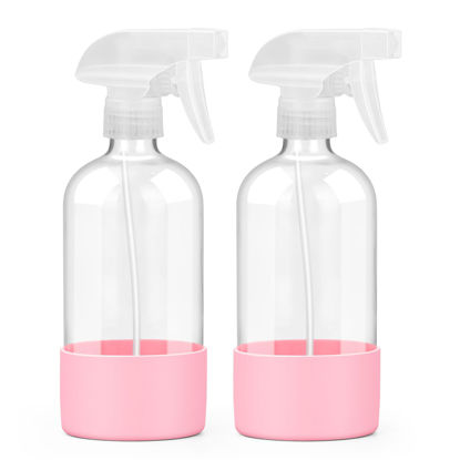 Picture of Worldgsb 2 Pack Glass Spray Bottles with Silicone Sleeve, 16 oz Empty Refillable Containers with Adjustable Spray Nozzles, Spray Bottles for Hair, Cleaning Solutions and Plants Pink