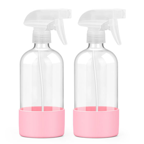 Picture of Worldgsb 2 Pack Glass Spray Bottles with Silicone Sleeve, 16 oz Empty Refillable Containers with Adjustable Spray Nozzles, Spray Bottles for Hair, Cleaning Solutions and Plants Pink