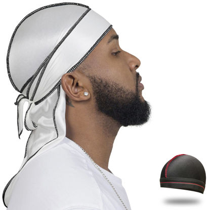 Picture of ForceWave Silky Durag for Men Wave Cap Satin Dorag for Men Women 360 Wave (White with Black Seam)