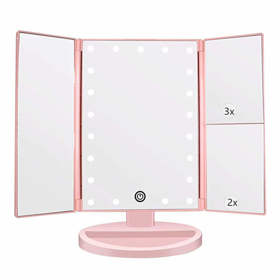 Picture of Flymiro Tri-fold Lighted Vanity Makeup Mirror with 3x/2x Magnification,21 LEDs Light and Touch Screen,180 Degree Free Rotation Countertop Cosmetic Mirror,Travel(Pink)
