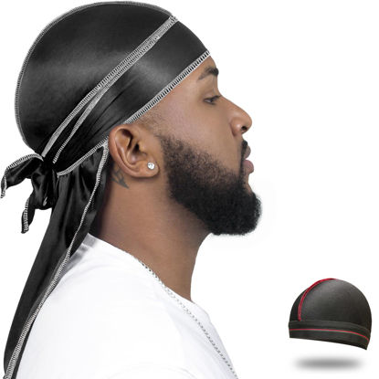 Picture of ForceWave Silky Durag for Men Wave Cap Satin Dorag for Men Women 360 Wave (Black with White Seam)