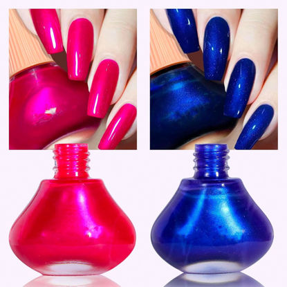 Picture of COSMOO Hot Pink with Blue 2pcs Nail Polish, 12ml Quick Dry Nail Lacquer, Super Lustrous Nail Enamel Polish, Shimmer Iridescent Ultrachrome Nail Art Varnish, 0.41 fl oz/pcs