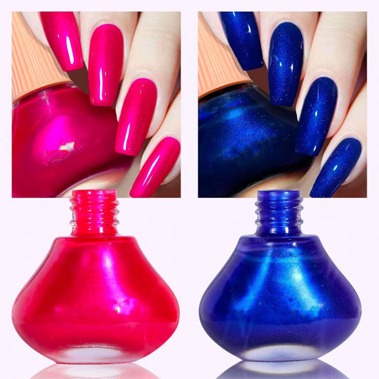 Picture of COSMOO Hot Pink with Blue 2pcs Nail Polish, 12ml Quick Dry Nail Lacquer, Super Lustrous Nail Enamel Polish, Shimmer Iridescent Ultrachrome Nail Art Varnish, 0.41 fl oz/pcs