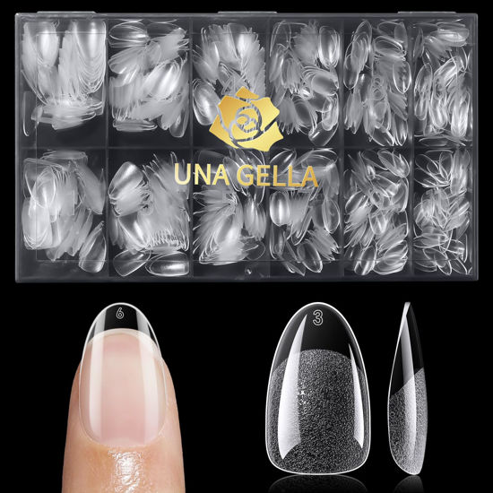 Picture of UNA GELLA Short Oval Almond Gel Nail Tips, 600Pcs Soft Gel Nail Tips Pre-file Oval Almond Nail Tips 12 Sizes Clear Fake Nails for Extension Home DIY Salon with Box