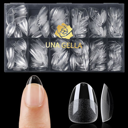 Picture of UNA GELLA Extra Short Almond Nail Tips, 504 Pcs Pre-Filed XS Almond Gel Nail Tips 12 Sizes Half Matte Full Cover Press On Nails Clear Soft Gel Fake Nails for Nail Extension Manicure Home DIY Salon