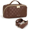 Picture of Prite Travel Cosmetic Bag Makeup Organizer Bag For Women Large Capacity Waterproof PU Leather Toiletry Bag with Handle and Clear Divider(Plaid Brown)