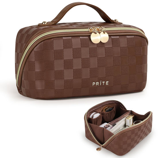 Picture of Prite Travel Cosmetic Bag Makeup Organizer Bag For Women Large Capacity Waterproof PU Leather Toiletry Bag with Handle and Clear Divider(Plaid Brown)