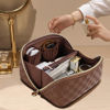 Picture of Prite Travel Cosmetic Bag Makeup Organizer Bag For Women Large Capacity Waterproof PU Leather Toiletry Bag with Handle and Clear Divider(Plaid Brown)