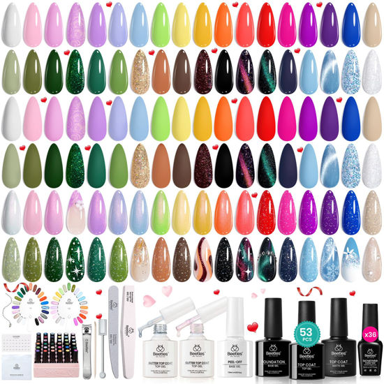 Picture of Beetles Spring Gel Nail Polish Set, 53pcs Gel Polish Kit, 36 Colors Green Red Orange Glitter Pastel Neon Cat Eye Uv Gel Polish, All Season Travel Diary Manicure Tools Valentine's Day Gift for Women