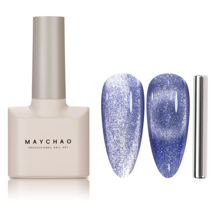 Picture of MAYCHAO 15ML Cat Eye Gel Nail Polish 1Pc Blue Shimmer Nail Polish with Magnet Soak off Holographic Magnetic Gel Polish for Nail Art Manicure Salon DIY at Home, 0.5 OZ