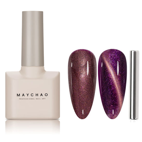 Picture of MAYCHAO 15ML Cat Eye Gel Nail Polish 1Pc Purple Shimmer Gel Polish with Magnet Soak off Holographic Magnetic Nail Polish for Nail Art Manicure Salon DIY at Home, 0.5 OZ