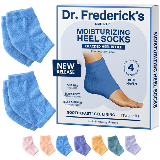 Picture of Dr. Frederick's Original Moisturizing Fuzzy Heel Socks - 2 Pairs - Cozy Gel-Lined Sleep Socks for Women & Men - Soothing Dry, Cracked Feet - Cracked Heel Repair - Heal Dry Heels - Blue Haven