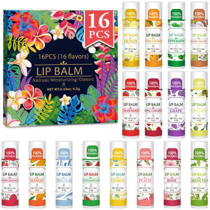 Picture of 16 Pack Lip Balm, 100% Natural Lip Balm Bulk with Vitamin E and Coconut Oil, Moisturizing Lip Balm for Dry Lips - 16 Flavors