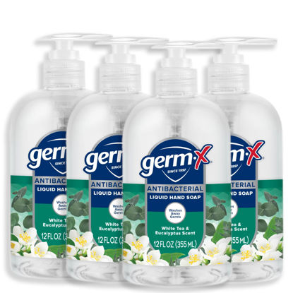 Picture of Germ-X Antibacterial Hand Soap, Moisturizing Liquid Hand Wash for Kitchen or Bathroom, pH Balanced & Dermatologist Tested, White Tea & Eucalyptus, 12 oz Pump Bottle (Pack of 4)