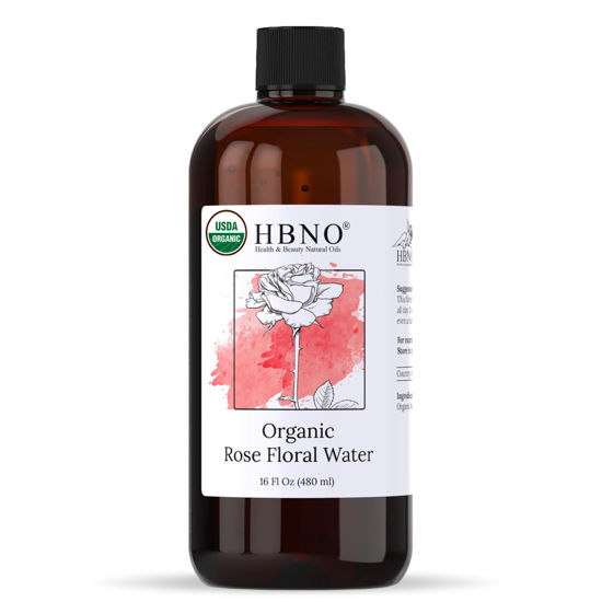 Picture of HBNO California Bottled Organic Rose Water for Face Huge 16 fl oz (480ml) Value Size - USDA Certified Organic Rose Water for Face - Pure Rose Water for Hair - Rosewater for Skincare, Haircare