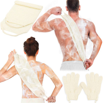 Picture of Anezus Exfoliating Back Scrubber Bath Gloves Set, Exfoliating Shower Towel with Shower Gloves for Body Scrub, Back Cleaner Wash Gloves to Remove Dead Skin (Beige)