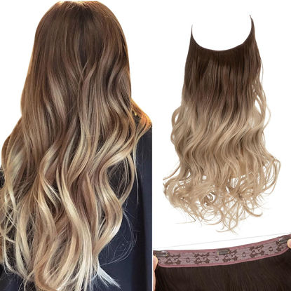Picture of SARLA Ombre Invisible Wire Hair Extensions with 3 Clips Long Synthetic Wavy Curly Hairpiece Adjustable Transparent Headband for Women 18 Inch Brown to Ash Blonde