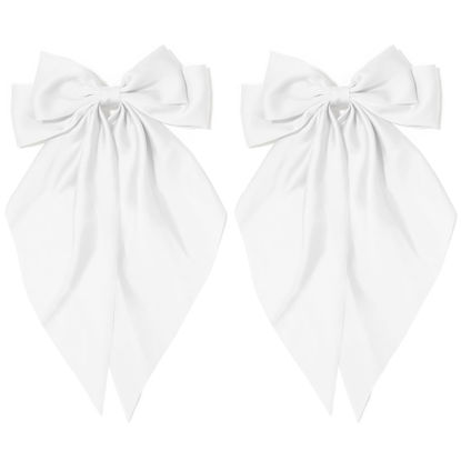 Picture of TULOBI 2Pcs Silky Satin Hair Bows for Women with Long Tail Coquette Big Hair Ribbon Hair Clip Aesthetic Hair Accessories - White
