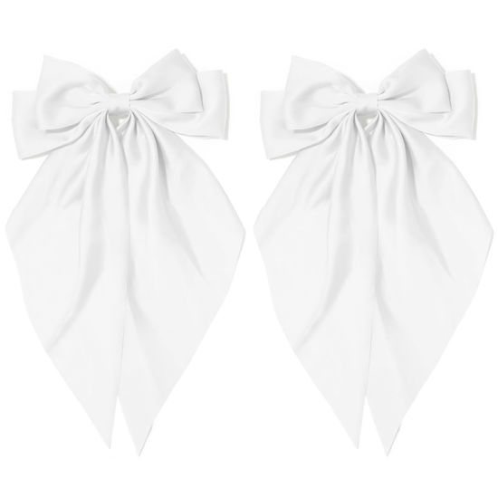 Picture of TULOBI 2Pcs Silky Satin Hair Bows for Women with Long Tail Coquette Big Hair Ribbon Hair Clip Aesthetic Hair Accessories - White