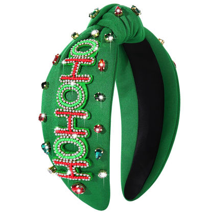 Picture of NVENF Christmas Headband for Women Jeweled Xmas Plaid Headband Embellished Crystal Pearl Knotted Headbands Wide Top Knot Holiday Headband Christmas Hair Accessories Holiday Outfits Gifts (HOHOHO 2)