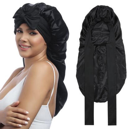 Picture of AWAYTR Long Satin Bonnet for Women - Double Layer Elastic Silk Bonnet for Braids Hair Sleeping Cap with Tie Band (Black)