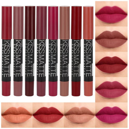 Picture of evpct 8Pcs Dark Ruby Red Plum Purple Wine Nude Beige Brown Matte Lipstick and Lip Crayon Liner Pencil Pen Set for Women labial labiales mate magicos 24 horas originales pintalabios permanente 24 horas