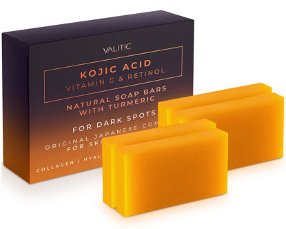 Picture of VALITIC Kojic Acid Vitamin C and Retinol Soap Bars with Turmeric for Dark Spot - Original Japanese Complex Infused with Collagen, Hyaluronic Acid, and Vitamin E (4 Pack)
