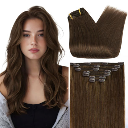 Picture of Full Shine Brown Human Hair Clip in Extensions 22 Inch Thick Full Head Remy Human Hair Extensions Invisible Clip ins 7Pcs Real Hair Clip in Human Hair Medium Brown Hair Extensions