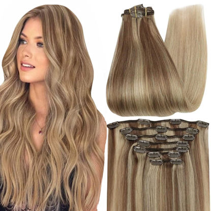 Picture of Full Shine Clip in Hair Extensions Real Human Hair Balayage Thick Hair Extensions Clip ins Golden Brown to Dark Blonde Remy Hair Extensions Clip in Extensions Extra Volume Double Weft 7 Pcs 18 Inch
