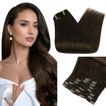 Picture of Full Shine 28 Inch Clip in Hair Extensions Real Human Hair Dark Brown Clip in Extensions Triple Weft Invisible Hair Extensions for Women Brown Real Hair Extensions Clip ins Brazilian Hair 7 Pcs