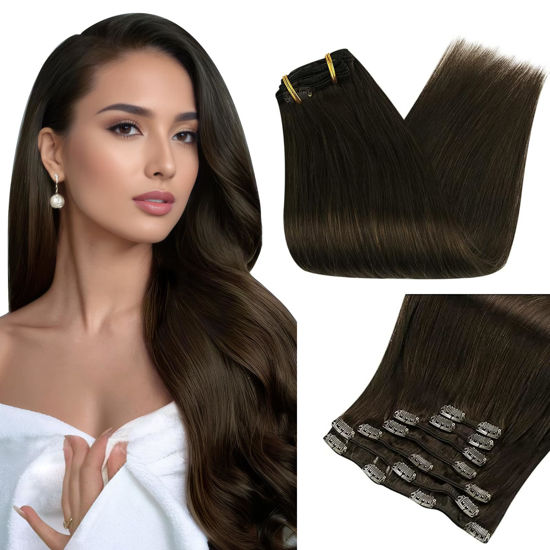 Picture of Full Shine 28 Inch Clip in Hair Extensions Real Human Hair Dark Brown Clip in Extensions Triple Weft Invisible Hair Extensions for Women Brown Real Hair Extensions Clip ins Brazilian Hair 7 Pcs