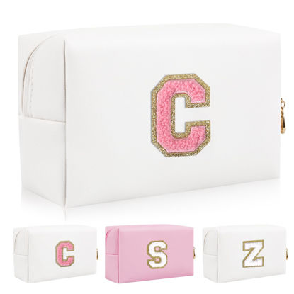 Picture of Personalized Initial Letter Patch Makeup Bag, Preppy Portable Chenille Letter Cosmetic Bag with Zipper, PU Leather Waterproof Travel Toiletry Bag Monogram Make Up Pouch for Women Girls(Letter C)