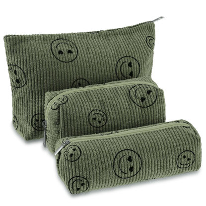 Picture of Huhumy 3 Pcs Makeup Bag Corduroy Cosmetic Bag Aesthetic Cute Preppy Makeup Bags for Women Smile Small Makeup Purse Pouch Travel Toiletry Bag Set Makeup Organizer with Zipper (Army Green,Smile Face)