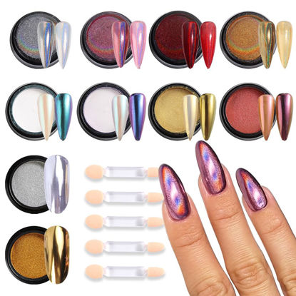 Picture of Chameleon Chrome Nail Powder, 10 boxes Pink Purple Aurora Chrome Powder, Gold Silver Holographic Nail Powder, Metallic Mirror Pigment for Nails, Rubbing Dust Manicure Glitter Set