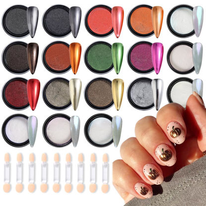 Picture of Chrome Nail Glitter Powder Set, 18 Colors Silver Black Red Green Metallic Effect Mirror Powder for Nails with Brushes, Pearl White Chrome Powder for Nails, Glazed Donut Nail Art, Manicure Supplies