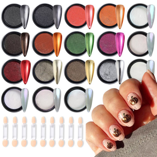 Picture of Chrome Nail Glitter Powder Set, 18 Colors Silver Black Red Green Metallic Effect Mirror Powder for Nails with Brushes, Pearl White Chrome Powder for Nails, Glazed Donut Nail Art, Manicure Supplies