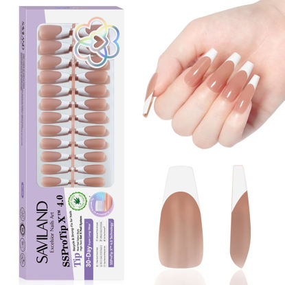 Picture of SAVILAND French Tip Press On Nails 160 Pcs: 4X Press On French Tip Nails Pre-Shaped Long Coffin Full Cover French Gel Nail Tips Soft Matte Gel X Nail Tips for DIY Nail Extensions Nail Art Gifts