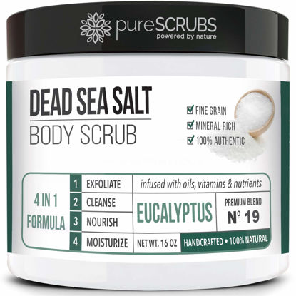 Picture of pureSCRUBS Premium Eucalyptus Body Scrub Set - Large 16oz Dead Sea Salt Body Scrub With Infused Essential Oils & Nutrients, Includes Wooden Spoon, Loofah & Oatmeal Exfoliating Bar Soap