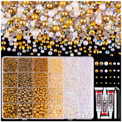 Picture of 9000PCS Flatback Pearls and Rhinestones for Crafting, White Brown 3-10mm Resin Rhinestones and Half Pearls for Bedazzling, Nail Art and Dec with 3pcs B7000 Jewelry Glue, Tweezer and Pickup Pencil