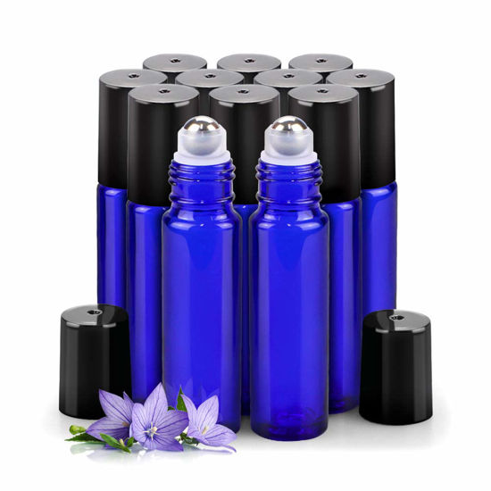 Picture of sungwoo 12 Pack Essential Oil Roller Bottles, 10ml Blue Glass Roller Bottles with Stainless Steel Roller Balls and Caps for Travel, Perfume and Lip Gloss