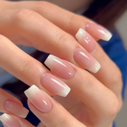 Picture of Press on Nails Short Square Acrylic Fake Nails with Apricot Design Full Cover False Nails Glossy Nude Glue on Nails Artificial Stick on Nails for Women 24Pcs (Gradient Pink)