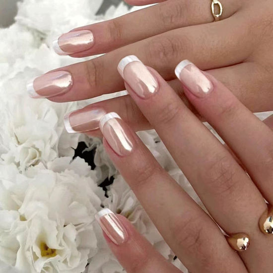 Picture of Press on Nails Short Square Acrylic Fake Nails with Apricot Design Full Cover False Nails Glossy Nude Glue on Nails Artificial Stick on Nails for Women 24Pcs (Aurora French)