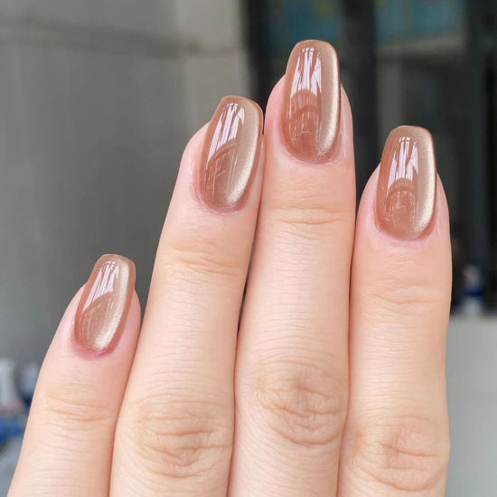 Picture of Press on Nails Short Square Acrylic Fake Nails with Apricot Design Full Cover False Nails Glossy Nude Glue on Nails Artificial Stick on Nails for Women 24Pcs (quicksand powder)
