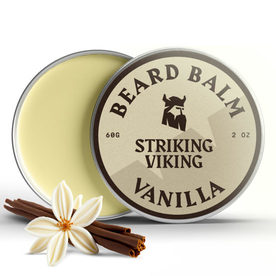 Picture of Striking Viking Beard Balm for Men - Leave-in Beard Conditioner to Smooth, Shape, Moisturize & Soften Coarse, Dry Facial Hair - Vanilla Scented with Shea Butter, Tea Tree, Argan & Jojoba Oils, 2 Oz