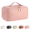 Picture of ALEXTINA Large Capacity Travel Cosmetic Bag - PU Leather Makeup Organizer Bag Portable Woven Makeup Bags for Women Waterproof Travel Toiletry Bag with Divider Pouch, Pink