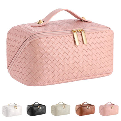 Picture of ALEXTINA Large Capacity Travel Cosmetic Bag - PU Leather Makeup Organizer Bag Portable Woven Makeup Bags for Women Waterproof Travel Toiletry Bag with Divider Pouch, Pink