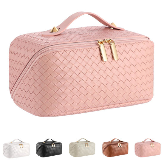 Picture of ALEXTINA Large Capacity Travel Cosmetic Bag - PU Leather Makeup Organizer Bag Portable Woven Makeup Bags for Women Waterproof Travel Toiletry Bag with Divider Pouch, Pink