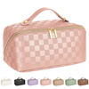 Picture of ALEXTINA Travel Makeup Bag, Vegan Leather Large Capacity Cosmetic Bags for Women,Waterproof Portable Pouch Open Flat Toiletry Bag Makeup Bag Organizer with Fixed Divider, Pink
