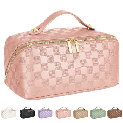 Picture of ALEXTINA Travel Makeup Bag, Vegan Leather Large Capacity Cosmetic Bags for Women,Waterproof Portable Pouch Open Flat Toiletry Bag Makeup Bag Organizer with Fixed Divider, Pink